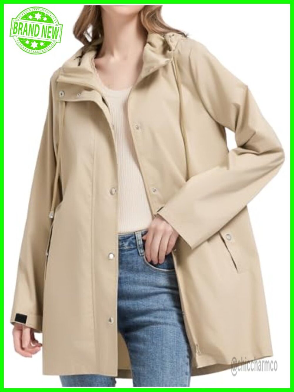 Packable Hooded Waterproof Raincoat Longline Trench Coat for Women